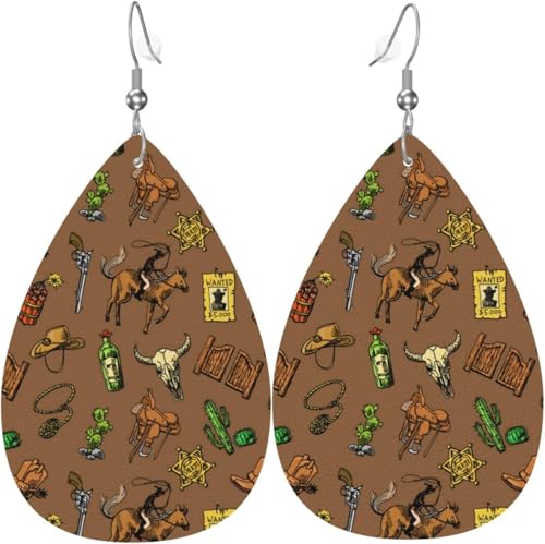 Tropfenförmige Ohrringe für Damen, Lederschmuck, Ohrringe – Wilder Westen, Kaktus, Cowboy, Amerikanisch, Weiß von Oudrspo