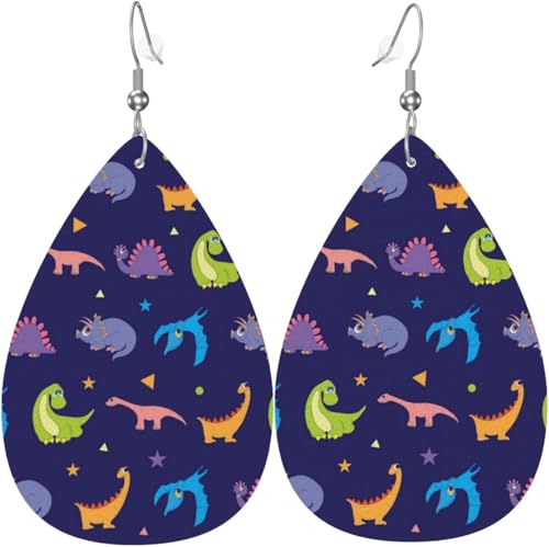 Tropfenförmige Ohrringe für Damen, Lederschmuck, Ohrringe – bunte Dinosaurier, süßer Dinosaurier, Dino, weiß von Oudrspo