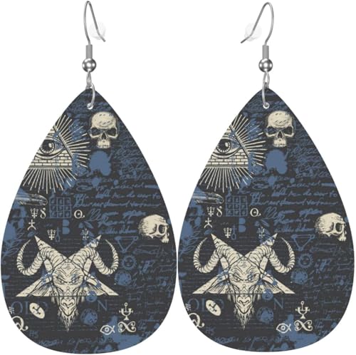 Tropfenförmige Ohrringe für Damen, Lederschmuck, Ohrringe – satanischer Totenkopf, Pentagramm, Ziegenauge von Oudrspo