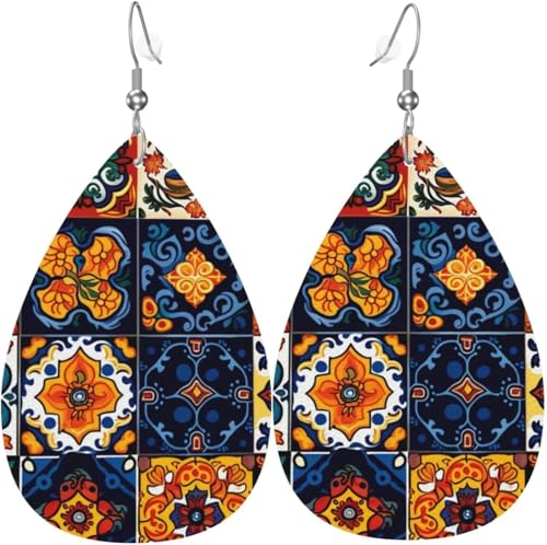 Tropfenohrringe aus Leder, leichte Ohrhänger für Damen – mexikanische Talavera-Fliesen, weiß Tropfenohrringe aus Leder, leichte Ohrhänger für Damen – mexikanische Talavera-Fliesen, weiß von Oudrspo
