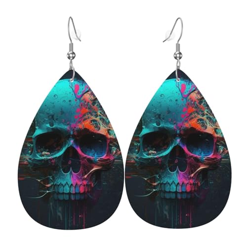 Tropfenohrringe aus Leder, leichte baumelnde Tropfenohrringe für Damen – Coole Totenkopf-Spritzfarbe, Weiß von Oudrspo