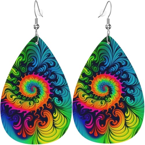 Tropfenohrringe aus Leder, leichte baumelnde Tropfenohrringe für Frauen – Batikmuster, psychedelisch, bunt, weiß von Oudrspo