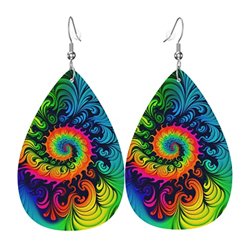 Tropfenohrringe aus Leder, leichte baumelnde Tropfenohrringe für Frauen – Batikmuster, psychedelisch, bunt, weiß von Oudrspo