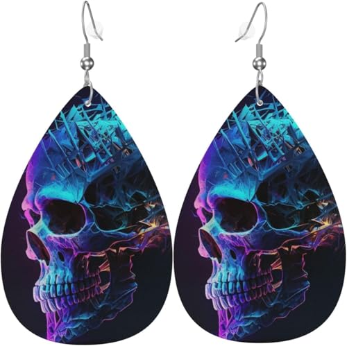 Tropfenohrringe aus Leder, leichte baumelnde Tropfenohrringe für Frauen – Cooler Totenkopf, abstrakt, weiß von Oudrspo