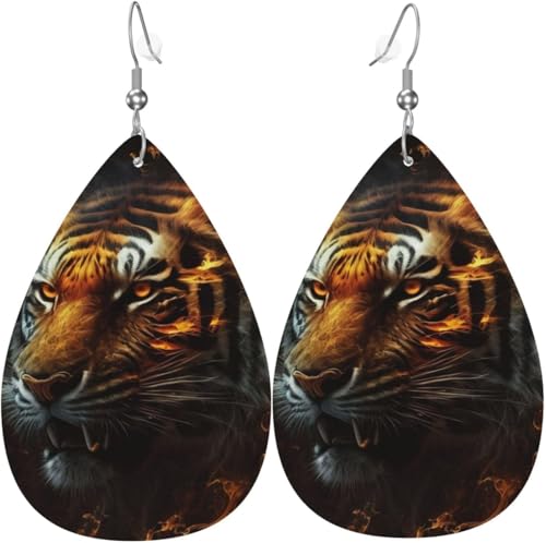 Tropfenohrringe aus Leder, leichte baumelnde Tropfenohrringe für Frauen – Feuerkönig-Tigergesichtskunst, weiß von Oudrspo