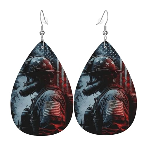 Tropfenohrringe aus Leder, leichte baumelnde Tropfenohrringe für Frauen – Feuerwehrmann-Amerikanische Flagge, weiß von Oudrspo