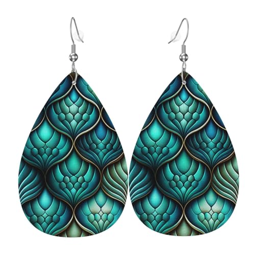 Tropfenohrringe aus Leder, leichte baumelnde Tropfenohrringe für Frauen – Fischschuppen-Meerjungfrauenschwanz-Kunst, weiß von Oudrspo