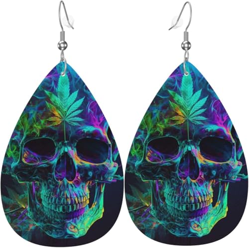 Tropfenohrringe aus Leder, leichte baumelnde Tropfenohrringe für Frauen – FlameWeed-Totenkopf, psychedelisch, weiß von Oudrspo
