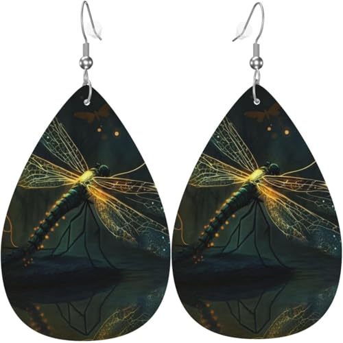Tropfenohrringe aus Leder, leichte baumelnde Tropfenohrringe für Frauen – Libellentanz, Glühwürmchenkunst, weiß von Oudrspo