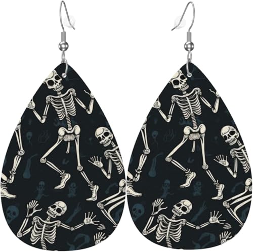 Tropfenohrringe aus Leder, leichte baumelnde Tropfenohrringe für Frauen – Lustige tanzende Skelettparty, weiß von Oudrspo