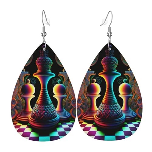 Tropfenohrringe aus Leder, leichte baumelnde Tropfenohrringe für Frauen – Psychedelische Schachbrettkunst, Weiß von Oudrspo
