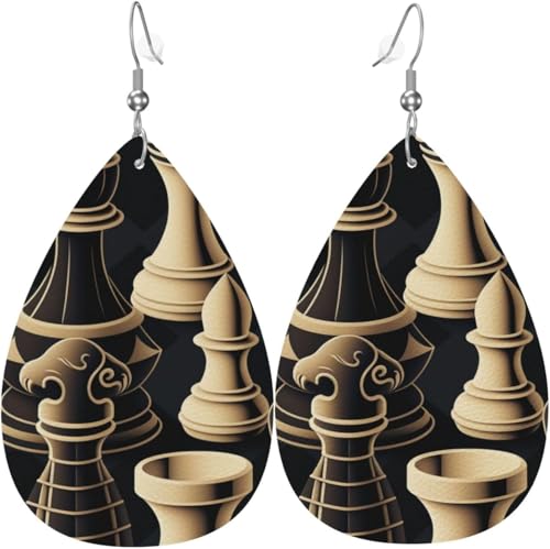 Tropfenohrringe aus Leder, leichte baumelnde Tropfenohrringe für Frauen – Schachfiguren, cooles Schwarz-Weiß von Oudrspo