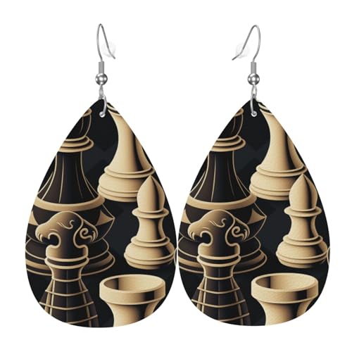 Tropfenohrringe aus Leder, leichte baumelnde Tropfenohrringe für Frauen – Schachfiguren, cooles Schwarz-Weiß von Oudrspo