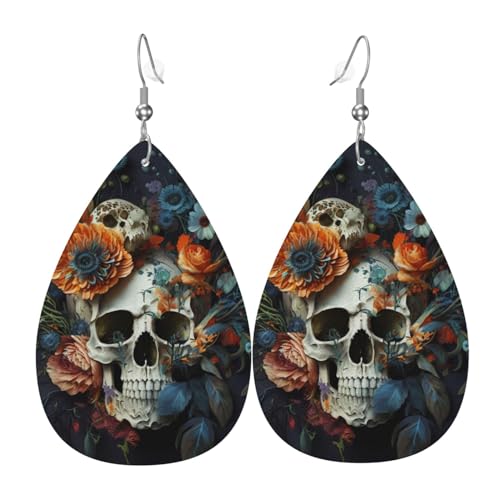 Tropfenohrringe aus Leder, leichte baumelnde Tropfenohrringe für Frauen – Totenkopf-Blumenstrauß, Totenkopfkunst, weiß von Oudrspo