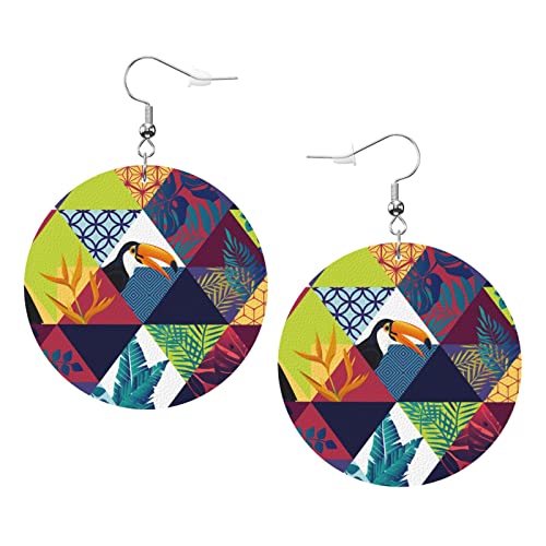 Tukane und tropische Palmblätter-Ohrringe, bunte Papageien und Tukane, runde Lederohrringe, leicht, baumelnder Damen- und Mädchenschmuck, perfekt für den Alltag von Oudrspo