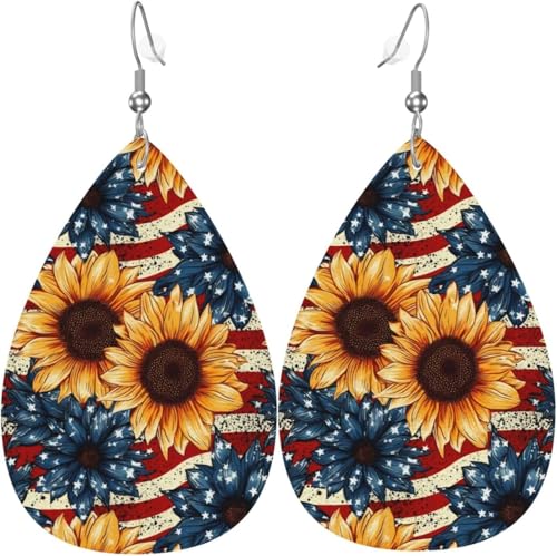 Vintage Blau Sonnenblumen Weihnachten Grüne Blätter Leder Teardrop Ohrringe Für Frauen Urlaub Dekorationen von Oudrspo