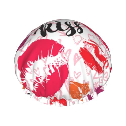 Wiederverwendbare Duschhaube für Damen, Kisses-Lips-Kiss-Pink-Mouth, doppelt wasserdicht, elastisches Band, Badehaarhut, Haarhut mit elastischem Saum von Oudrspo