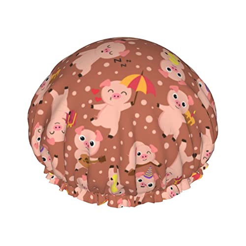 Wiederverwendbare Duschhaube mit niedlichen Tieren und Schweinen für Damen, wasserdichte Badekappe mit PEVA-Futter, doppellagiger, elastischer Stretch-Saum, Badekappe, wasserdichte, dehnbare Haarkap von Oudrspo