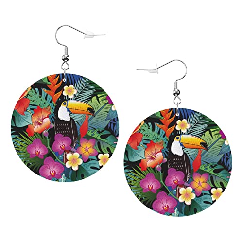 Wunderschöne tropische exotische Papageienvögel und Dschungelblumen-Ohrringe, Tauben-Gangster-Gang-Rapper, runde Form, Leder-Ohrring, leicht, baumelnder Damen- und Mädchen-Schmuck, perfekt für den All von Oudrspo