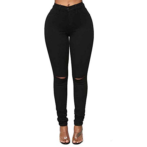 Ouduo Damen Skinny Jeans, Jeanshosen High Waist Slim Sretch Baumwolle Leggings Große Größen Ripped Loch Zerrissen Röhrenjeans Boyfriend Freizeithose Sommer Bleistift Hose mit Taschen (Schwarz,S) von Ouduo