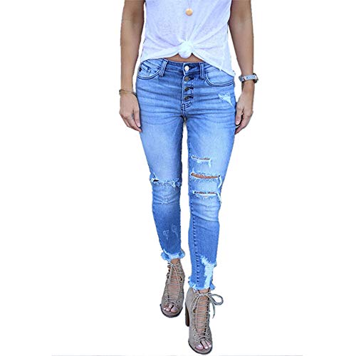 Ouduo Damen Skinny Jeans,High Waist Ripped Loch Jeanshosen,Slim Stretch Leggings,Röhrenjeans Boyfriend Freizeithose Sommer Lang Hose (XL,Hellblau) von Ouduo