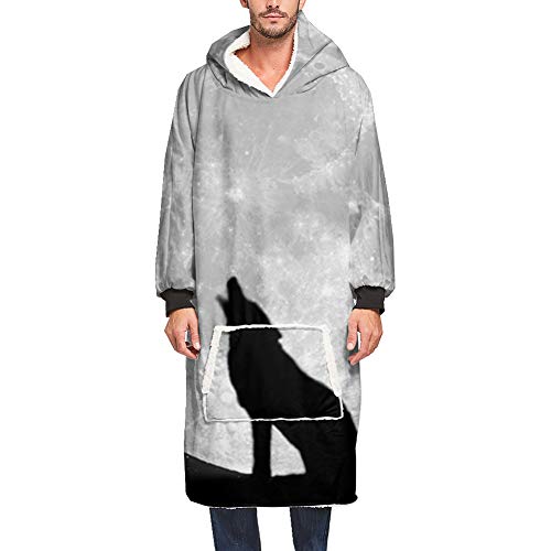Ouduo Kapuzenpullover Decke, 3D Tier Wolf Drucken Übergroße Sherpa Hoodie Weiche Warme Riesen Sweatshirt Blanket Fronttasche Plüsch Pullover Decke mit Kapuze (One Size,Nacht) von Ouduo