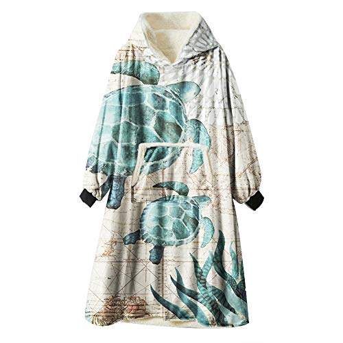 Ouduo Kapuzenpullover Decke, Ozean Tier Druck Übergroße Sherpa Hoodie Weiche Warme Riesen Sweatshirt Blanket Fronttasche Plüsch Pullover Decke mit Kapuze (Grüne Schildkröte,One Size) von Ouduo