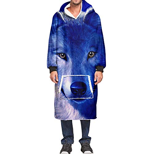 Ouduo Wolf Druck Kapuzenpullover Decke, 3D Übergroße Sherpa Hoodie Weiche Warme Riesen Sweatshirt Blanket Fronttasche Plüsch Pullover Decke mit Kapuze (Wolf 1,One Size) von Ouduo