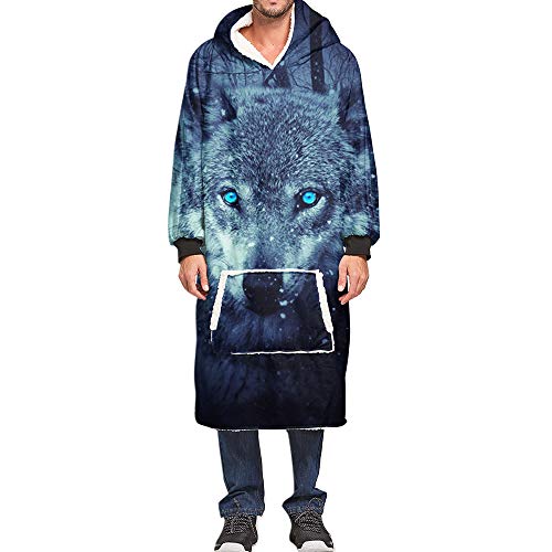Ouduo Wolf Druck Kapuzenpullover Decke, 3D Übergroße Sherpa Hoodie Weiche Warme Riesen Sweatshirt Blanket Fronttasche Plüsch Pullover Decke mit Kapuze (Wolf 17,One Size) von Ouduo