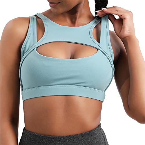 Damen Sport BH Push up Bustier Sexy Hollow Crop Tops mit Abnehmbaren Cups Mittlerer Halt Ohne Bügel Yoga Bra für Workout Fitness(Blau，L) von Oufusilk