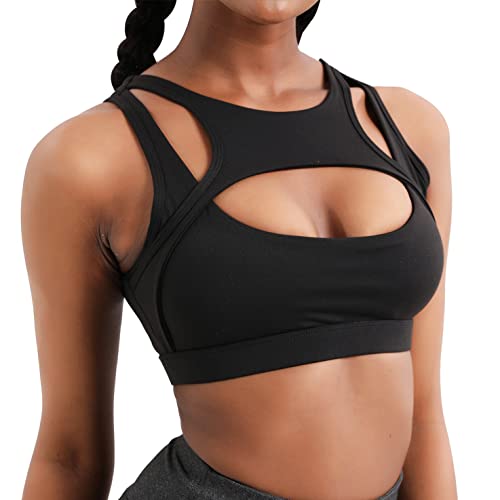 Damen Sport BH Push up Bustier Sexy Hollow Crop Tops mit Abnehmbaren Cups Mittlerer Halt Ohne Bügel Yoga Bra für Workout Fitness(Schwarz，M) von Oufusilk