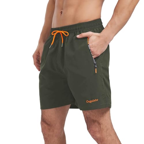 Ougelebo Badehose Herren Badeshorts Herren Kurz Schnelltrocknend Männer Schwimmhose Schwimmshort Herren mit Reißverschluss Swimming Shorts Men Armeegrün M von Ougelebo