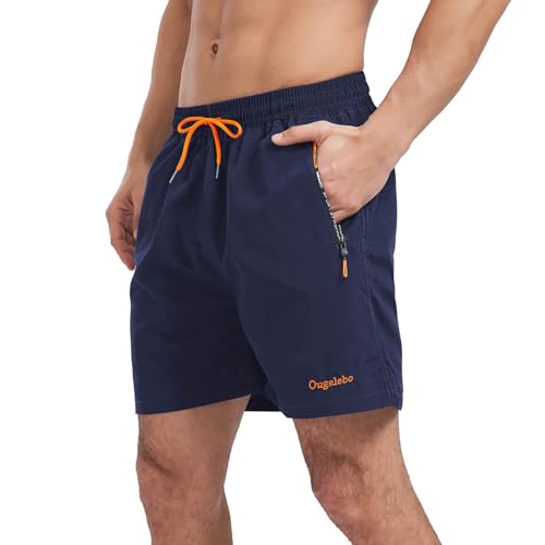 Ougelebo Badehose Herren Badeshorts Herren Kurz Schnelltrocknend Männer Schwimmhose Schwimmshort Herren mit Reißverschluss Strandshorts Board Beach Swim Shorts Dunkelblau M von Ougelebo