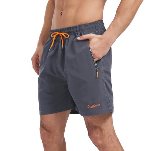 Ougelebo Badehose Herren Badeshorts Herren Kurz Schnelltrocknend Männer Schwimmhose Schwimmshort Herren mit Reißverschluss Swimming Shorts Men Grau L von Ougelebo