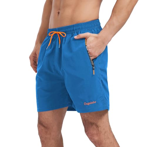 Ougelebo Badehose Herren Badeshorts Herren Kurz Schnelltrocknend Männer Schwimmhose Schwimmshort Herren mit Reißverschluss Swimming Shorts Men Navyblau L von Ougelebo