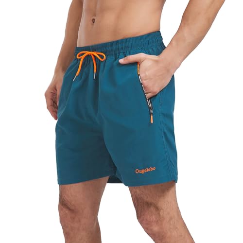 Ougelebo Badehose Herren Badeshorts Herren Kurz Schnelltrocknend Männer Schwimmhose Schwimmshort Herren mit Reißverschluss Swimming Shorts Men Pfauenblau L von Ougelebo