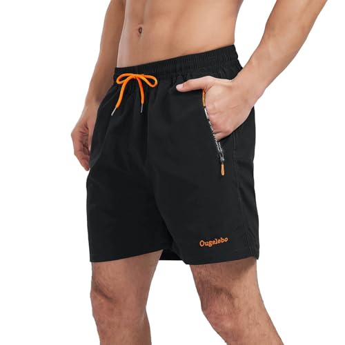 Ougelebo Badehose Herren Badeshorts Herren Kurz Schnelltrocknend Männer Schwimmhose Schwimmshort Herren mit Reißverschluss Strandshorts Board Beach Swim Shorts Schwarz L von Ougelebo