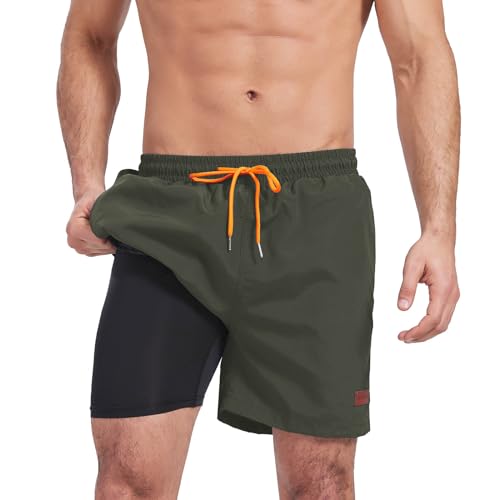 Ougelebo Badehose Herren mit Kompression Badeshorts Herren Kurz 2 in 1 Schnelltrocknend Männer Schwimmhose Schwimmshort Herren mit Reißverschluss Board Swim Shorts Armeegrün L von Ougelebo