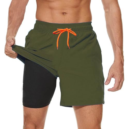 Ougelebo Badehose Herren mit Kompression Badeshorts Herren Kurz 2 in 1 Schnelltrocknend Männer Schwimmhose Schwimmshort Herren mit Reißverschluss Board Swim Shorts Armeegrün S von Ougelebo