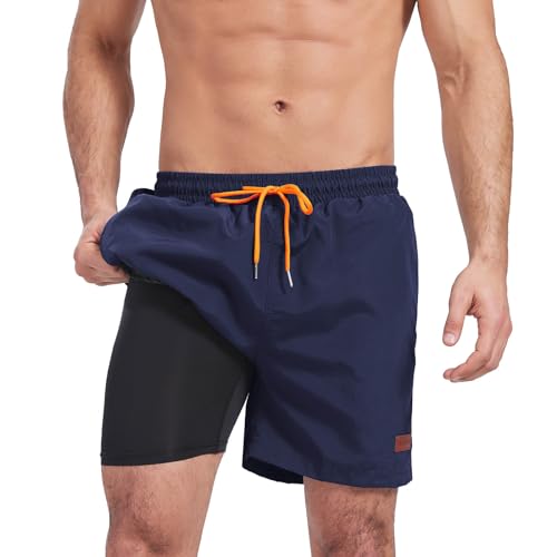 Ougelebo Badehose Herren mit Kompression Badeshorts Herren Kurz 2 in 1 Schnelltrocknend Männer Schwimmhose Schwimmshort Herren mit Reißverschluss Board Swim Shorts Dunkelblau L von Ougelebo