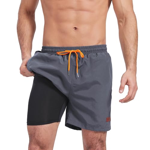 Ougelebo Badehose Herren mit Kompression Badeshorts Herren Kurz 2 in 1 Schnelltrocknend Männer Schwimmhose Schwimmshort Herren mit Reißverschluss Board Swim Shorts Grau L von Ougelebo