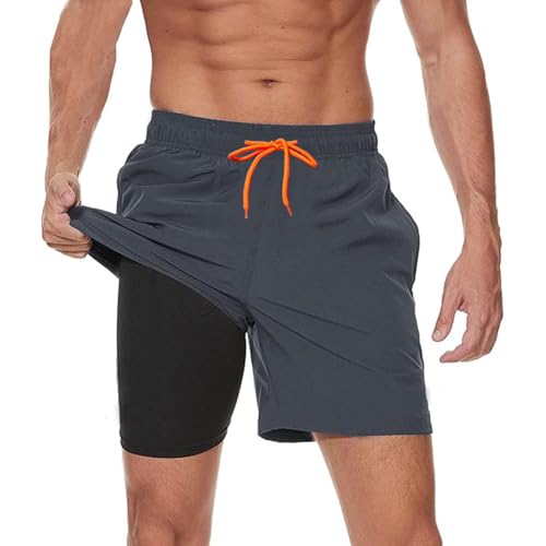 Ougelebo Badehose Herren mit Kompression Badeshorts Herren Kurz 2 in 1 Schnelltrocknend Männer Schwimmhose Schwimmshort Herren mit Reißverschluss Board Swim Shorts Grau XL von Ougelebo