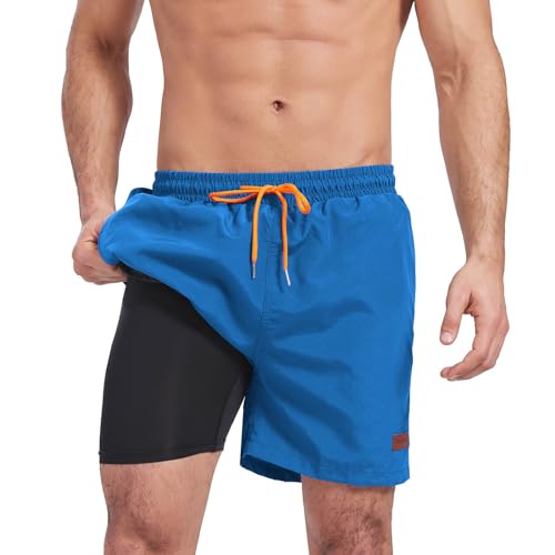 Ougelebo Badehose Herren mit Kompression Badeshorts Herren Kurz 2 in 1 Schnelltrocknend Männer Schwimmhose Schwimmshort Herren mit Reißverschluss Board Swim Shorts Navyblau L von Ougelebo