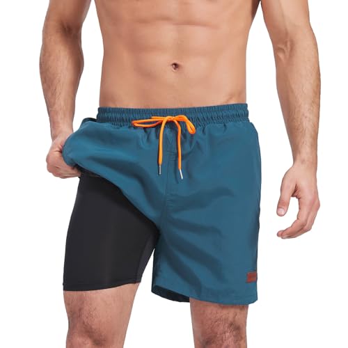 Ougelebo Badehose Herren mit Kompression Badeshorts Herren Kurz 2 in 1 Schnelltrocknend Männer Schwimmhose Schwimmshort Herren mit Reißverschluss Board Swim Shorts Pfauenblau L von Ougelebo