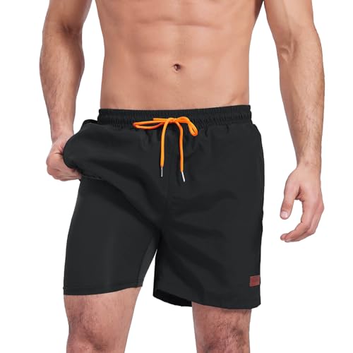 Ougelebo Badehose Herren mit Kompression Badeshorts Herren Kurz 2 in 1 Schnelltrocknend Männer Schwimmhose Schwimmshort Herren mit Reißverschluss Board Swim Shorts Schwarz L von Ougelebo