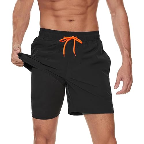 Ougelebo Badehose Herren mit Kompression Badeshorts Herren Kurz 2 in 1 Schnelltrocknend Männer Schwimmhose Schwimmshort Herren mit Reißverschluss Board Swim Shorts Schwarz M von Ougelebo