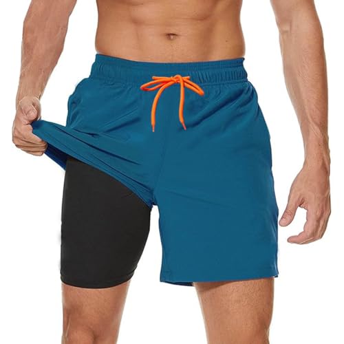 Ougelebo Herren Badehose Männer mit Kompression Badeshorts Herren Kurz 2 in 1 Schnelltrocknend Schwimmhose Schwimmshort Herren mit Reißverschluss Board Swim Shorts Pfauenblau XXL von Ougelebo