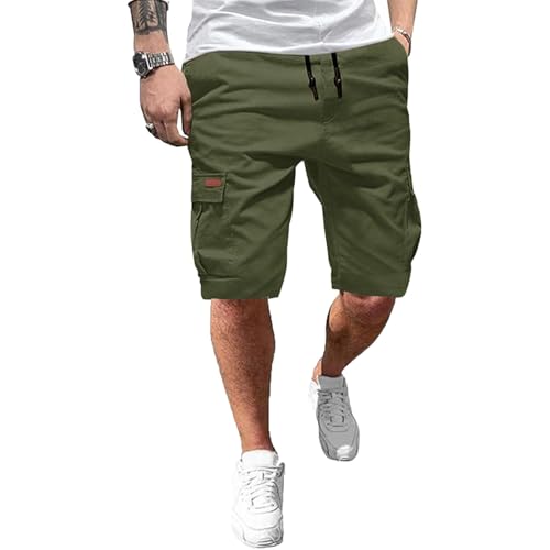 Ougelebo Kurze Hosen Herren Cargo Shorts Herren Sommer Cargohose Kurz Baumwolle Freizeithose Männer Men's Shorts Elastische Taille mit Tunnelzug Armeegrün S von Ougelebo