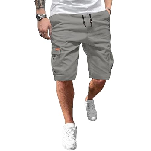 Ougelebo Kurze Hosen Herren Cargo Shorts Herren Sommer Cargohose Kurz Baumwolle Freizeithose Männer Men's Shorts Elastische Taille mit Tunnelzug Grau XL von Ougelebo