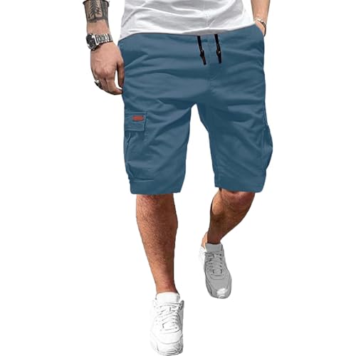 Ougelebo Kurze Hosen Herren Cargo Shorts Herren Sommer Cargohose Kurz Baumwolle Freizeithose Männer Men's Shorts Elastische Taille mit Tunnelzug Pfauenblau S von Ougelebo